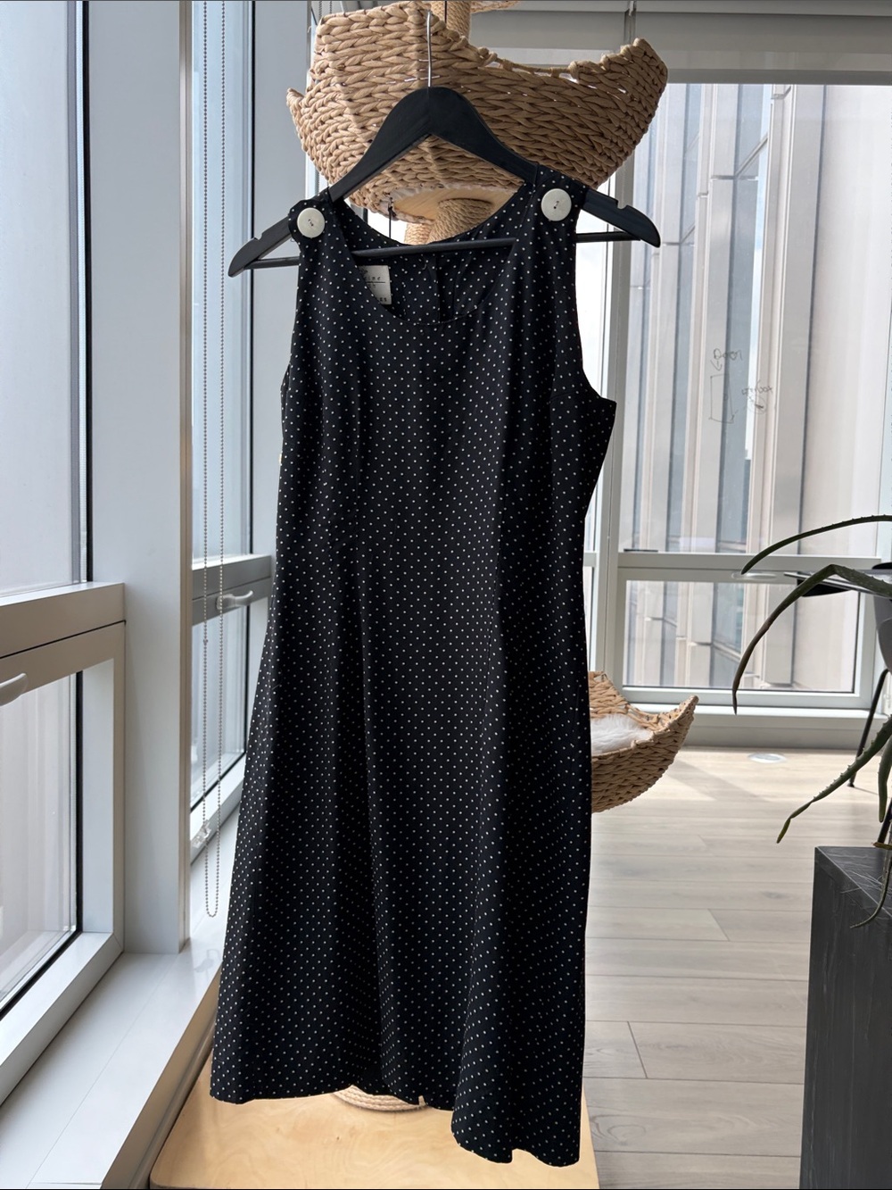 Black Polka Dot Midi Dress with Button-Strap Detail
